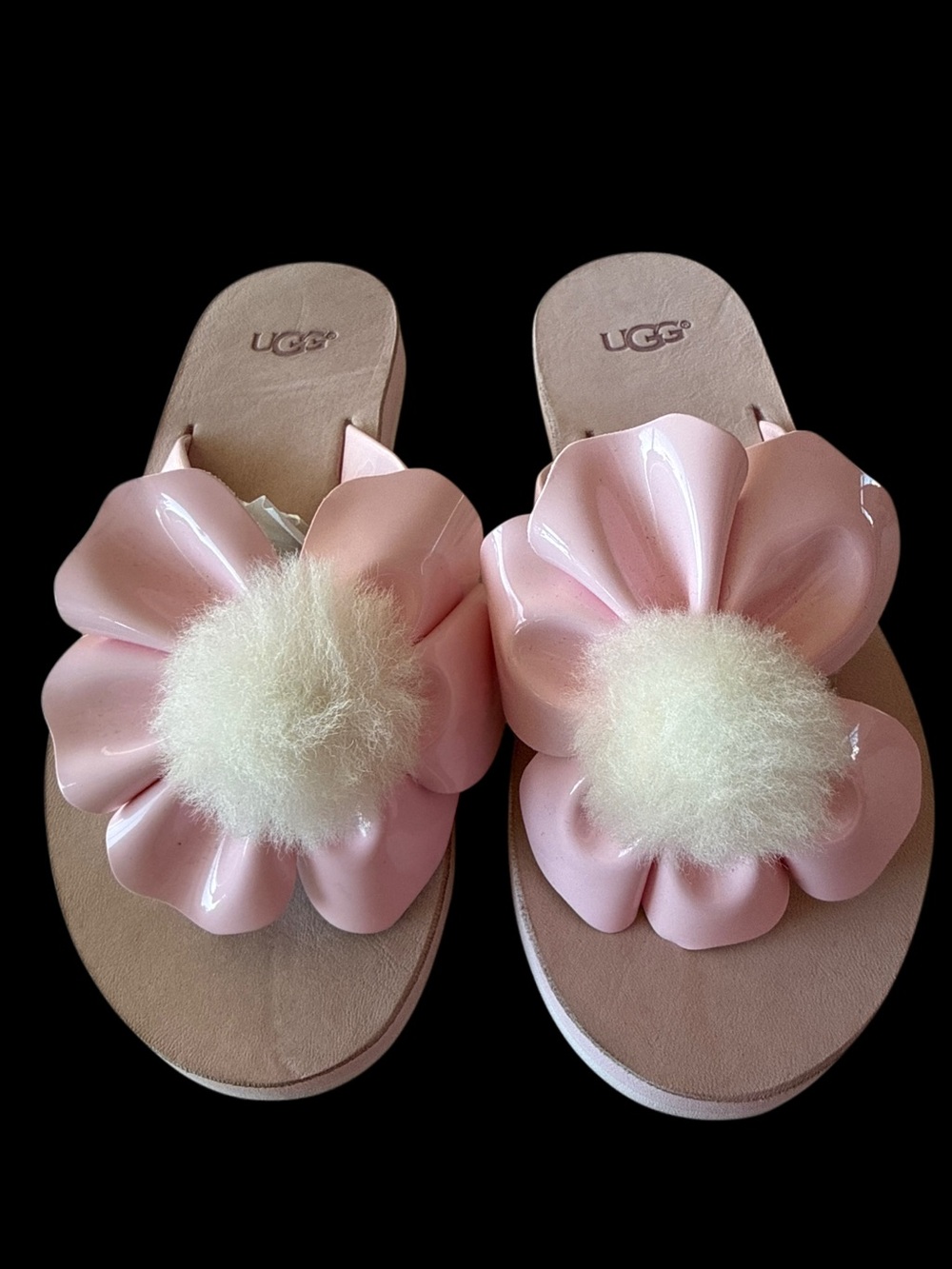 UGG Pink Patent Floral Pom-Embellished Flip Flops-NEW!